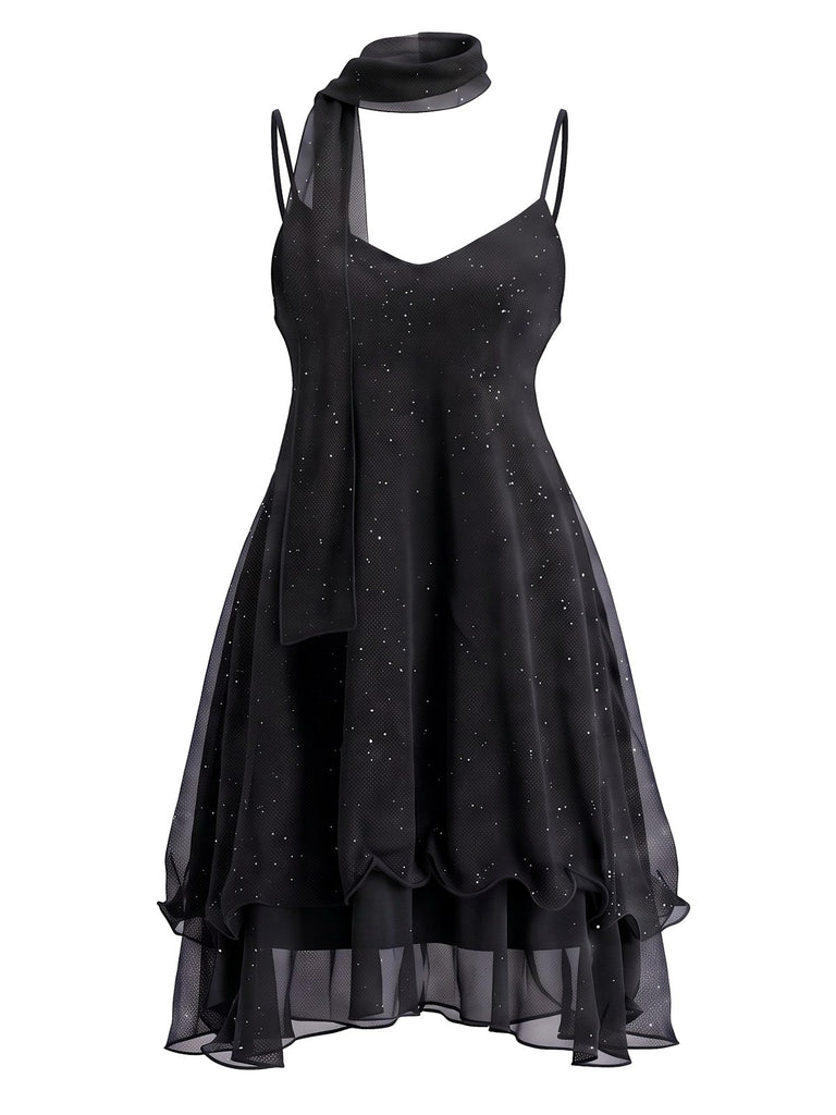Robe courte en tulle scintillant à volants et foulard assorti Années 1970