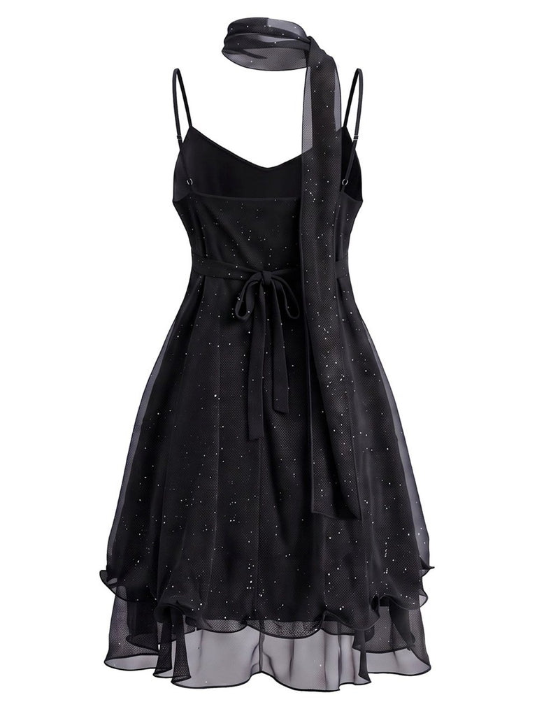 Robe courte en tulle scintillant à volants et foulard assorti Années 1970
