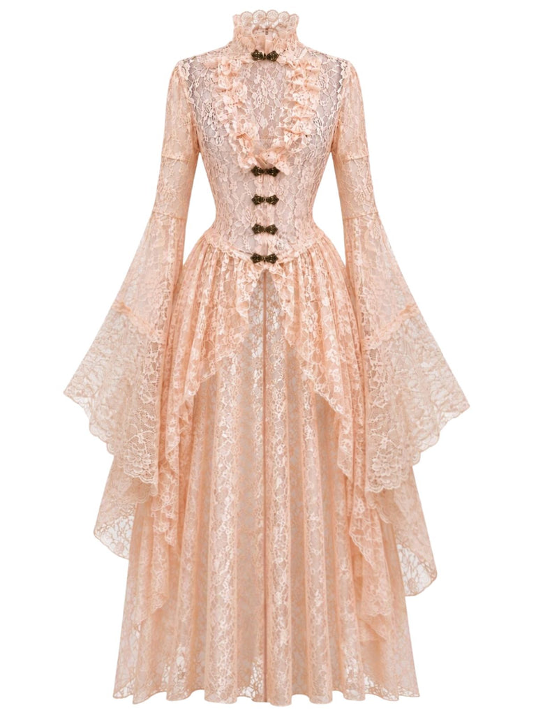 Robe médiévale en dentelle à col haut et manches évasées Années 1940 - 1