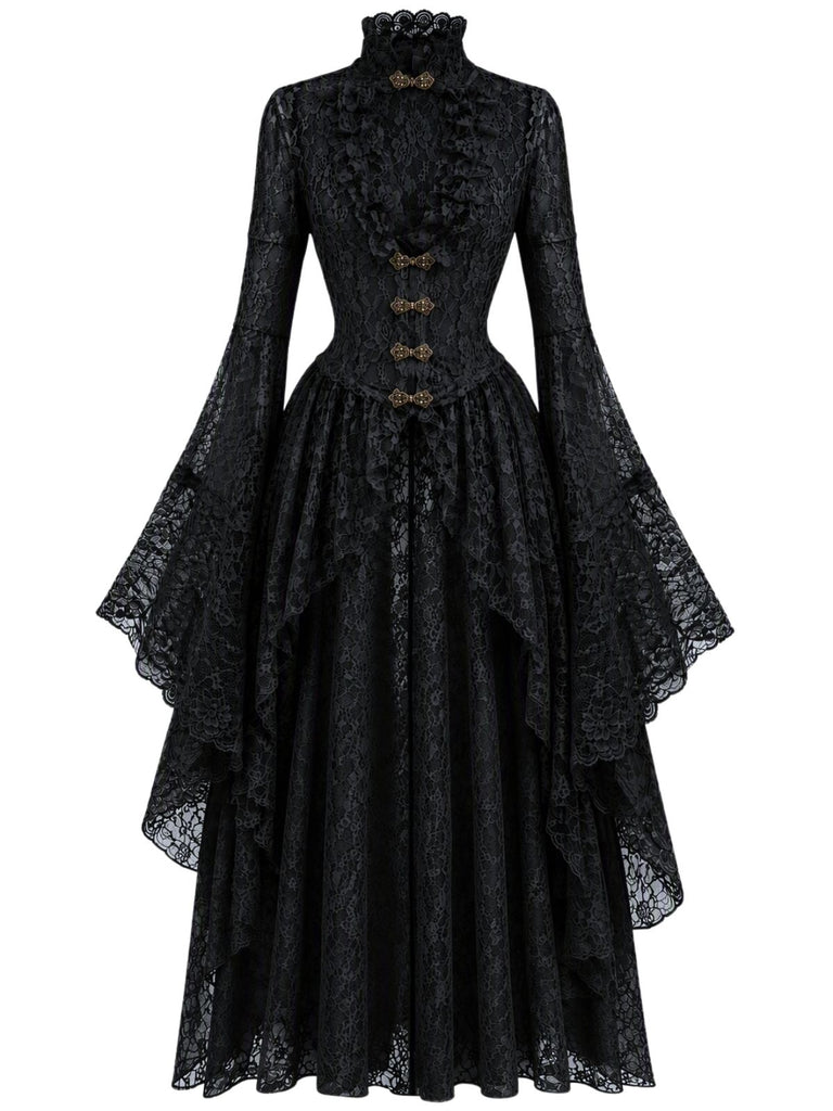 Robe médiévale en dentelle à col haut et manches évasées Années 1940 - 3