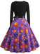 Robe d’Halloween à col rond, ceinture et imprimé citrouilles, étoiles et chauves-souris Années 1950 - 2