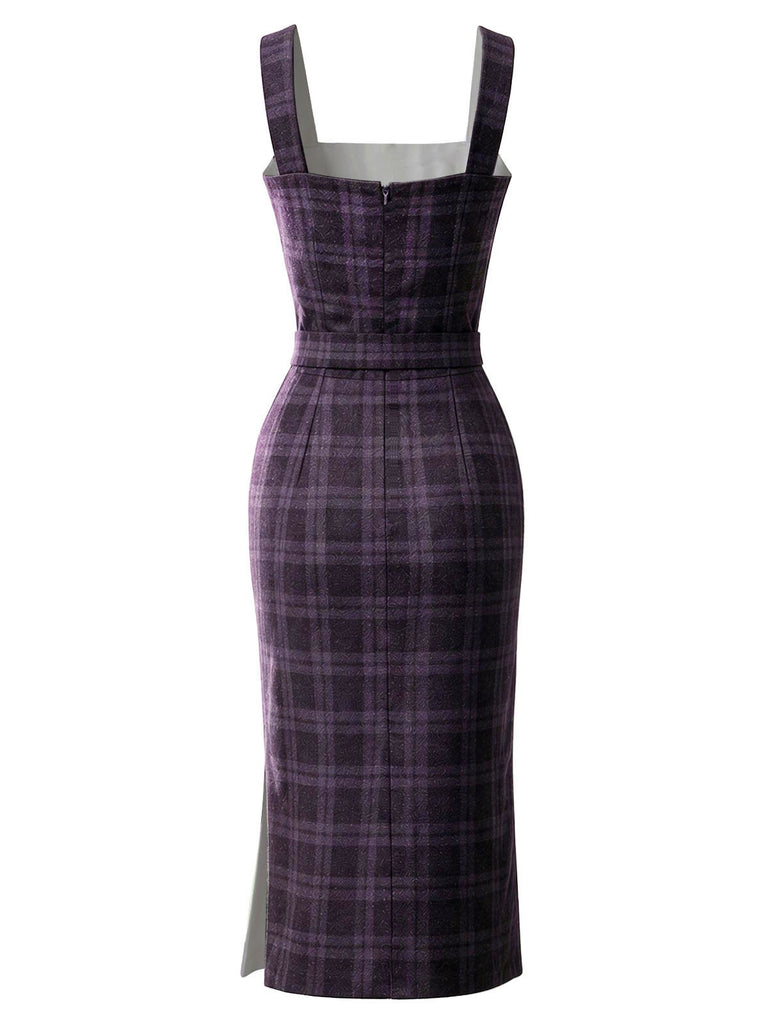 [Prévente] Robe crayon violet foncé à carreaux col carré et ceinture années 1960