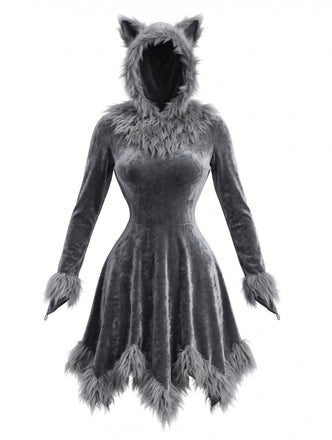Robe noire de déguisement de loup en fausse fourrure à capuche pour Halloween Années 1980 - 1