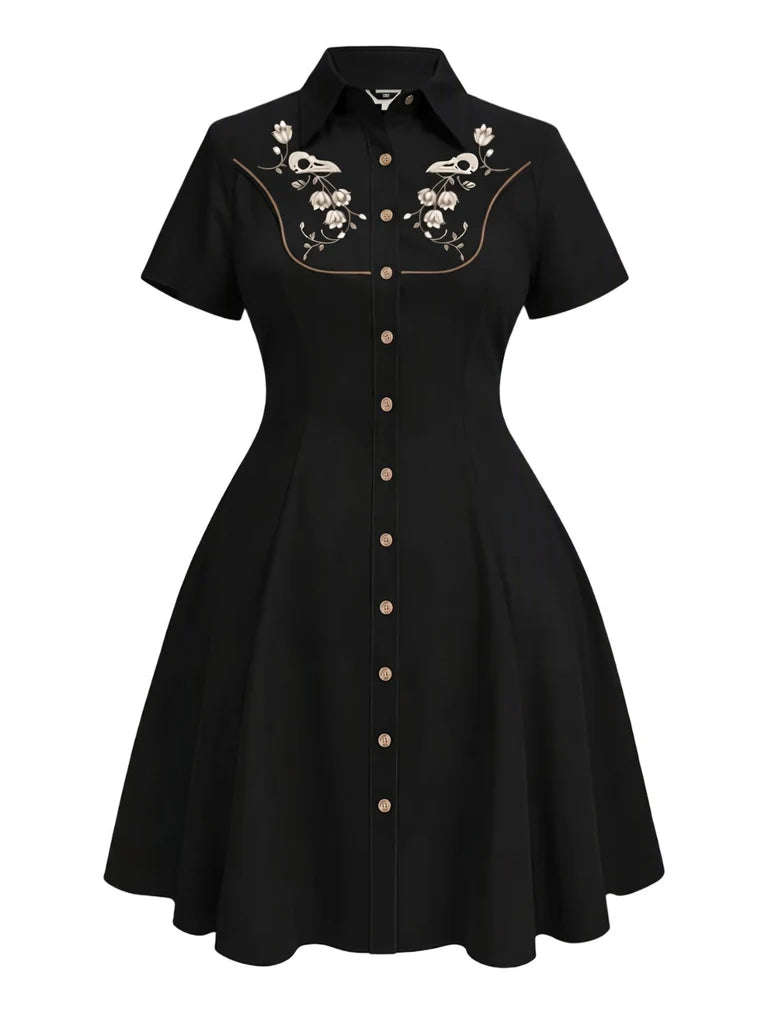 [Prévente] [Grande Taille] Robe noire en coton brodée de fleurs western gothique années 1940