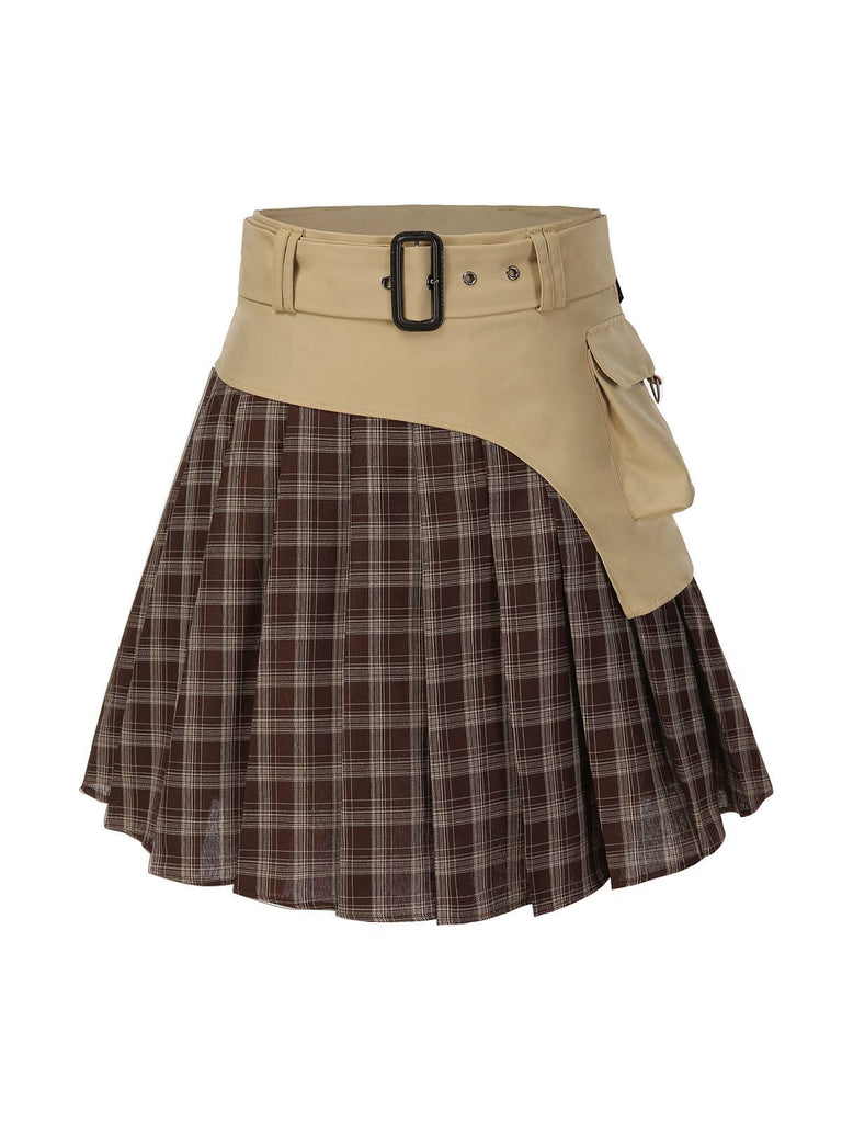 [Pré-vente] Jupe plissée à carreaux en patchwork marron avec ceinture des années 1960