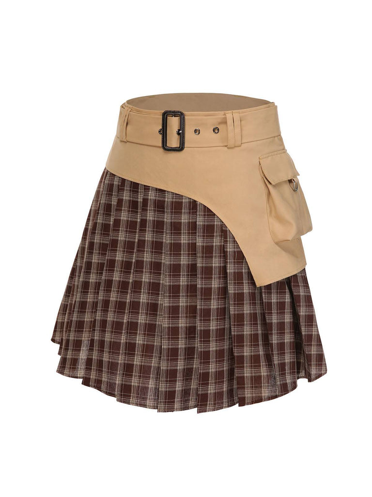 [Pré-vente] 2PCS Veste patchwork à carreaux et jupe plissée kaki et marron années 1960
