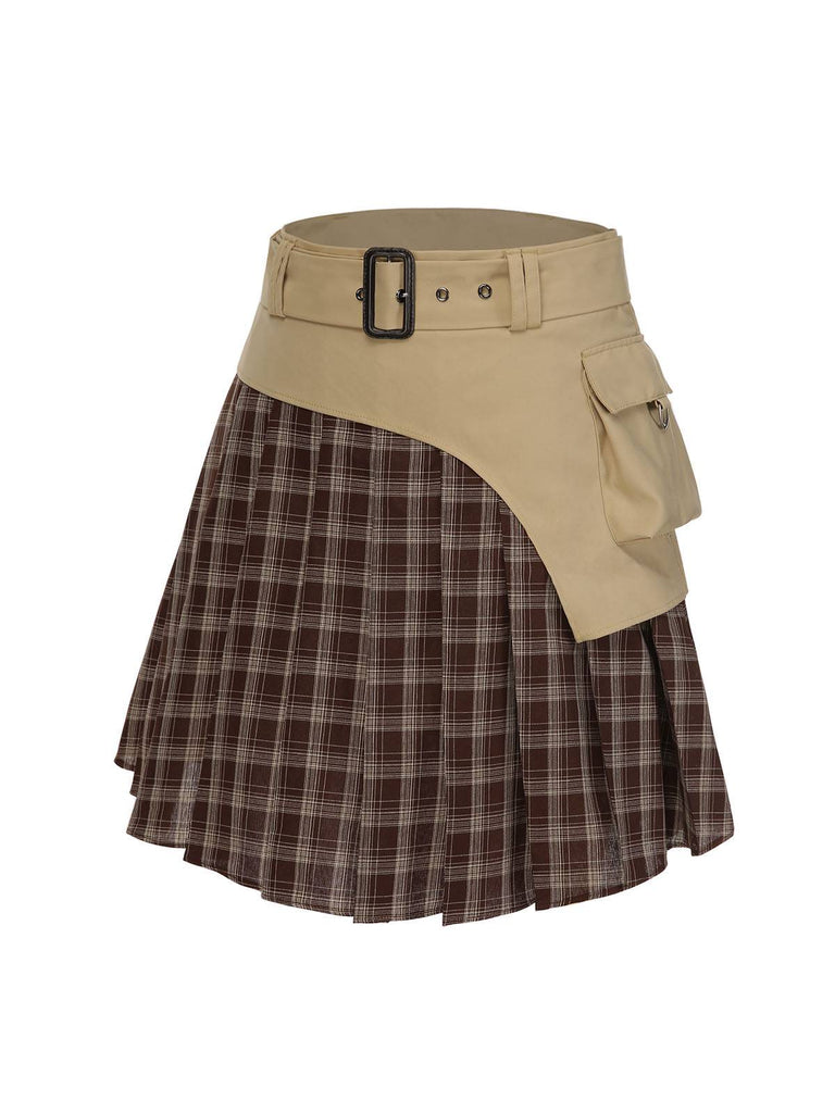 [Pré-vente] Jupe plissée à carreaux en patchwork marron avec ceinture des années 1960