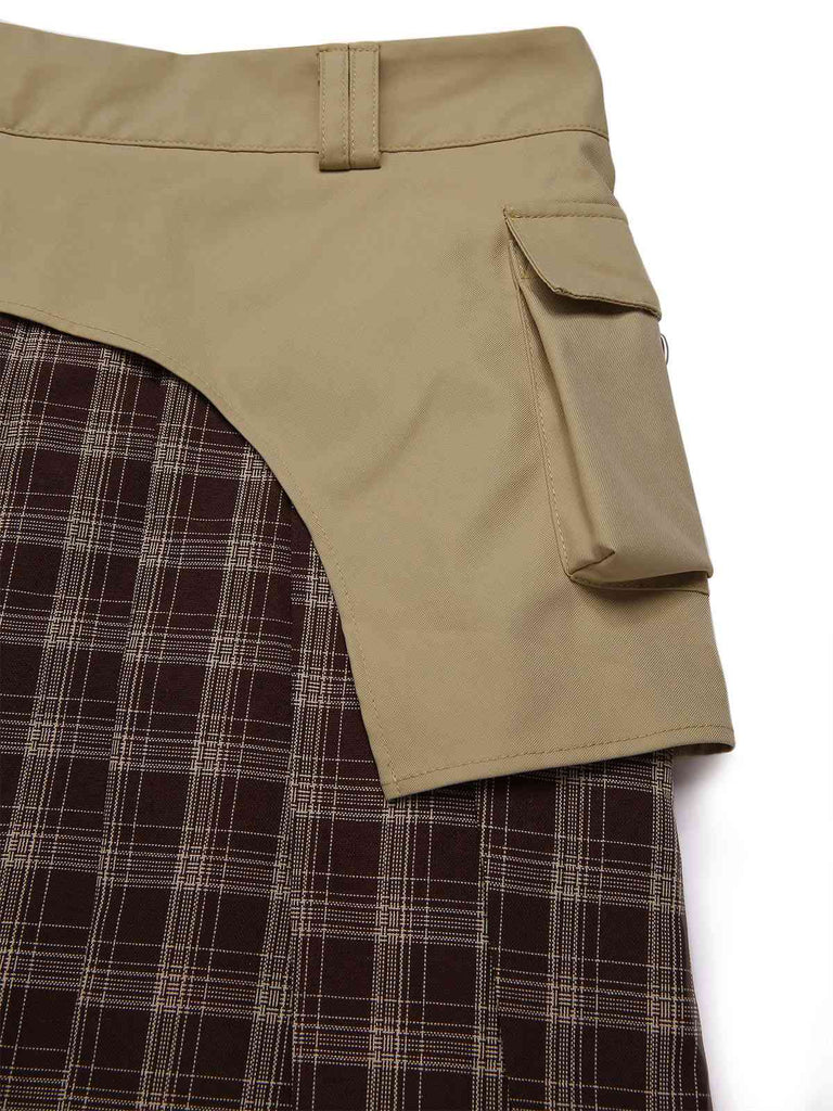[Pré-vente] Jupe plissée à carreaux en patchwork marron avec ceinture des années 1960