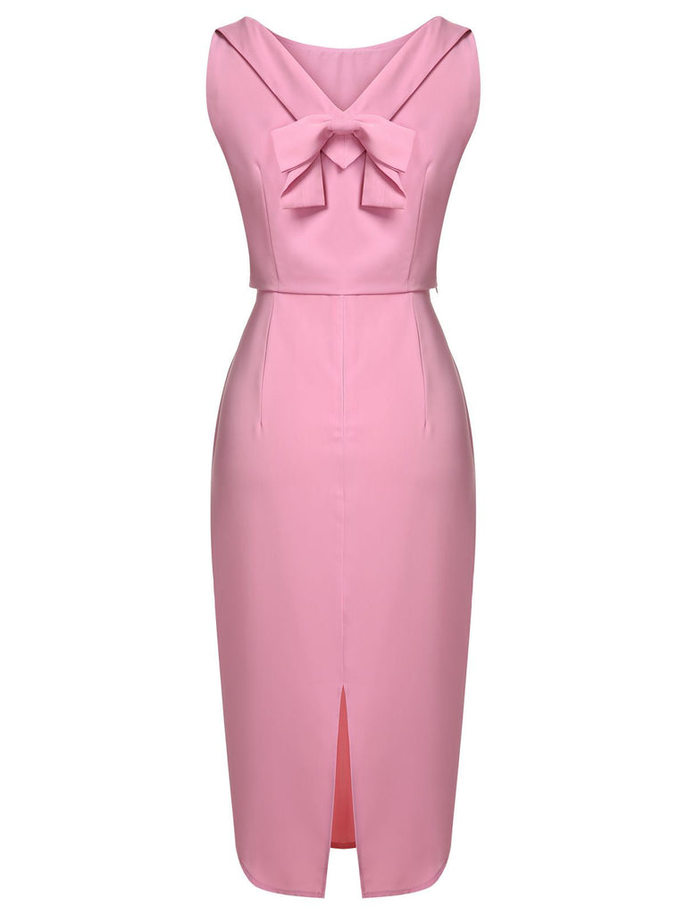3PCS Haut à nœud rose et robe à bretelles et jupe plissée des années 1960