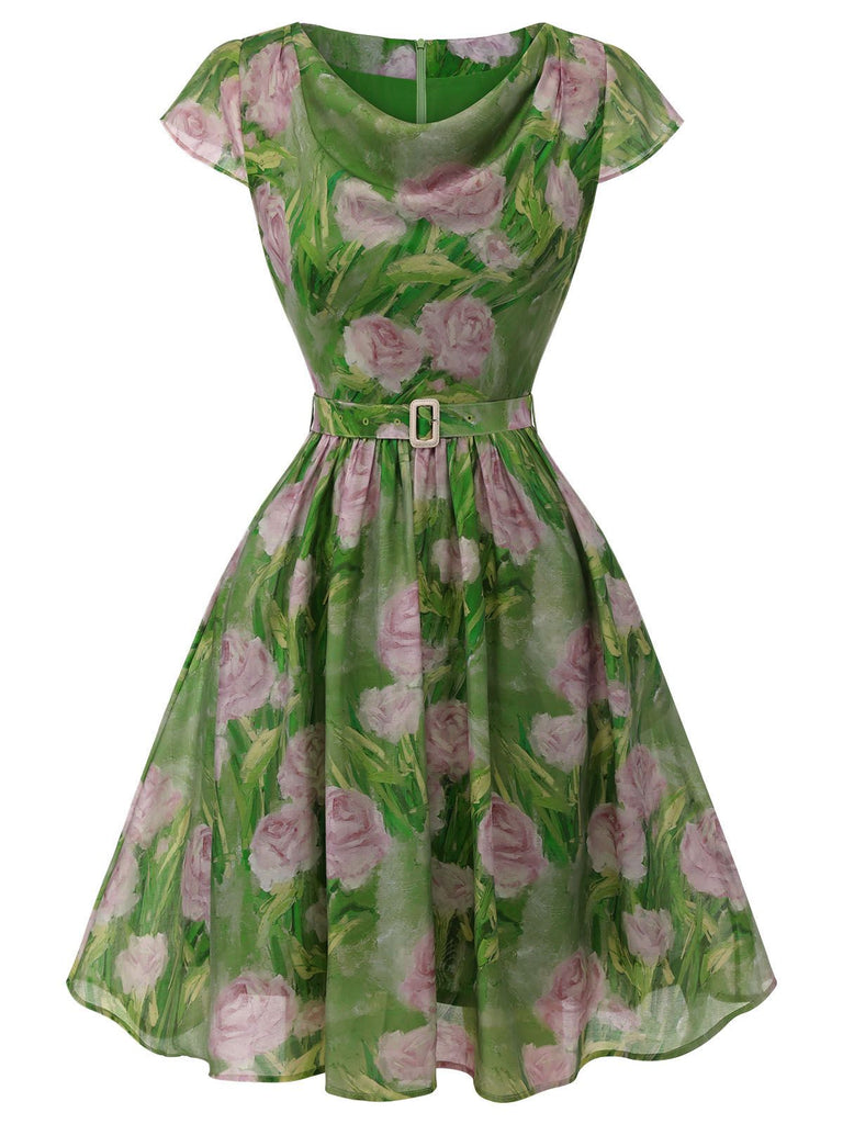 Robe rose peinte à l'huile verte des années 1960