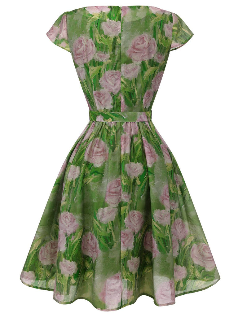 Robe rose peinte à l'huile verte des années 1960