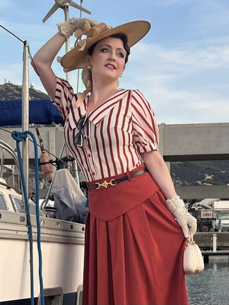 2PCS Chemisier rayé rouge orange des années 1950 et jupe plissée