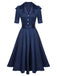 Robe à revers bleue unie à manches courtes des années 1940