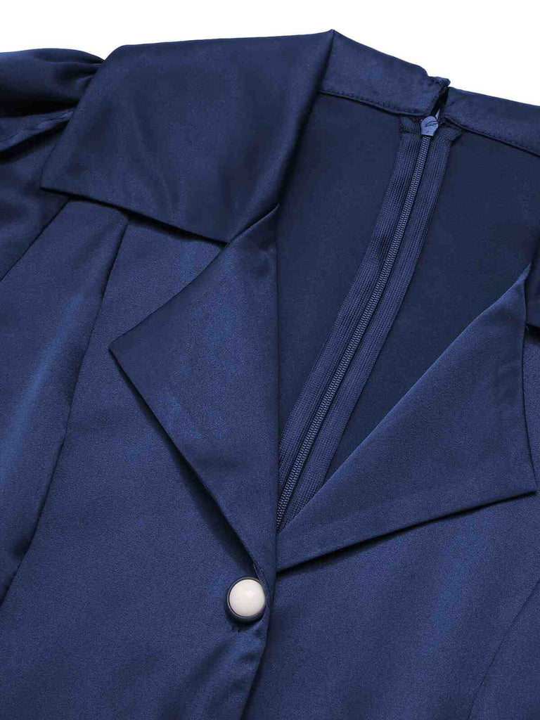 Robe à revers bleue unie à manches courtes des années 1940