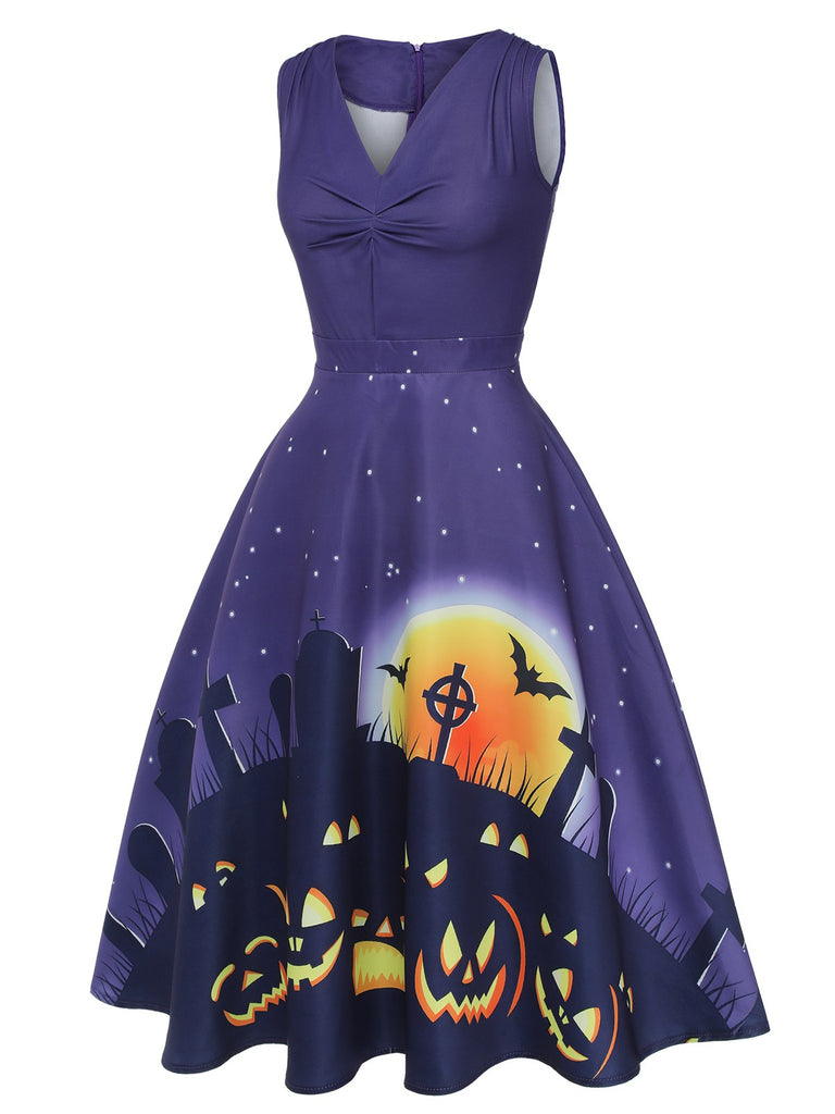 Robe trapèze à encolure en V violet foncé des années 1950