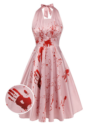 Robe dos nu rose Halloween années 1950 avec taches de sang