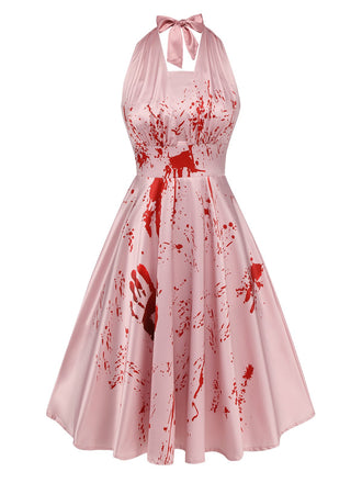 Robe dos nu rose Halloween années 1950 avec taches de sang