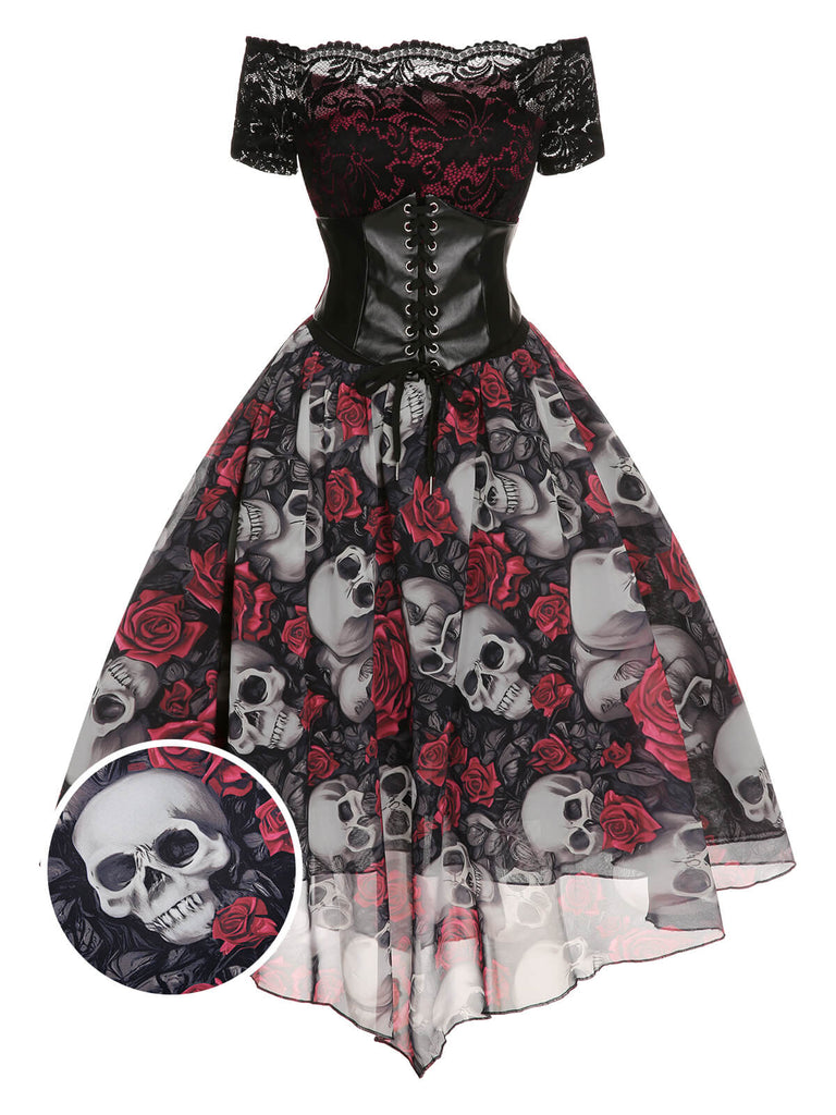 Robe en maille en dentelle rose crâne d'Halloween des années 50