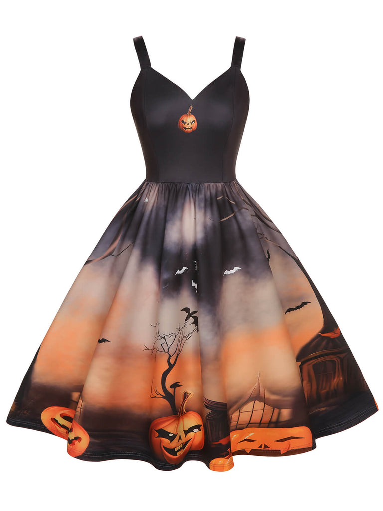 Robe trapèze citrouille d'Halloween noire des années 1950