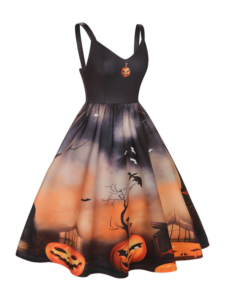 Robe trapèze citrouille d'Halloween noire des années 1950