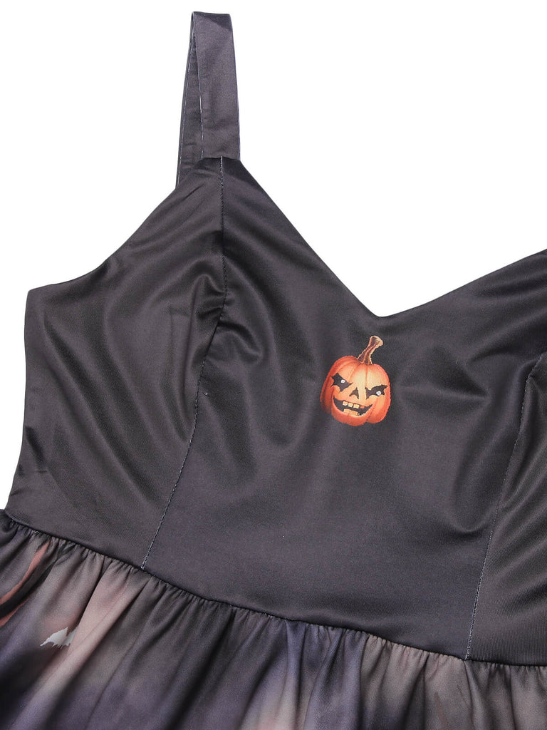 Robe trapèze citrouille d'Halloween noire des années 1950