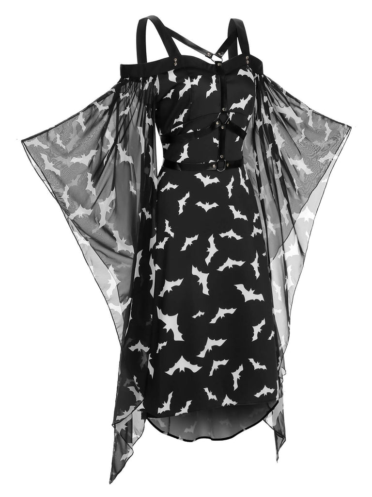 Robe noire à bretelles spaghetti Halloween chauve souris des années 1950
