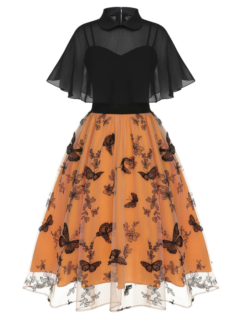 Robe cape en filet papillons noire et orange 1950s