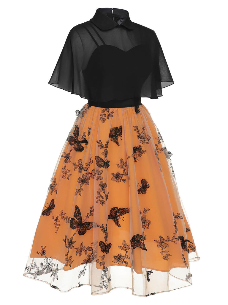 Robe cape en filet papillons noire et orange 1950s