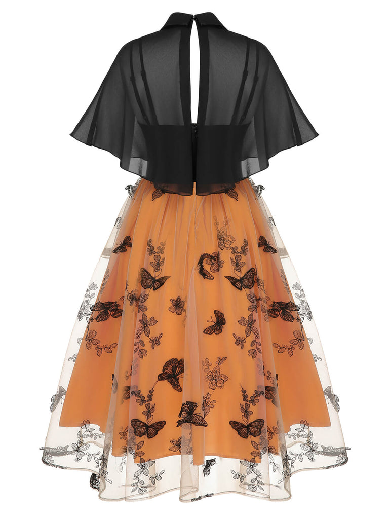 Robe cape en filet papillons noire et orange 1950s