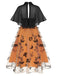 Robe cape en filet papillons noire et orange 1950s