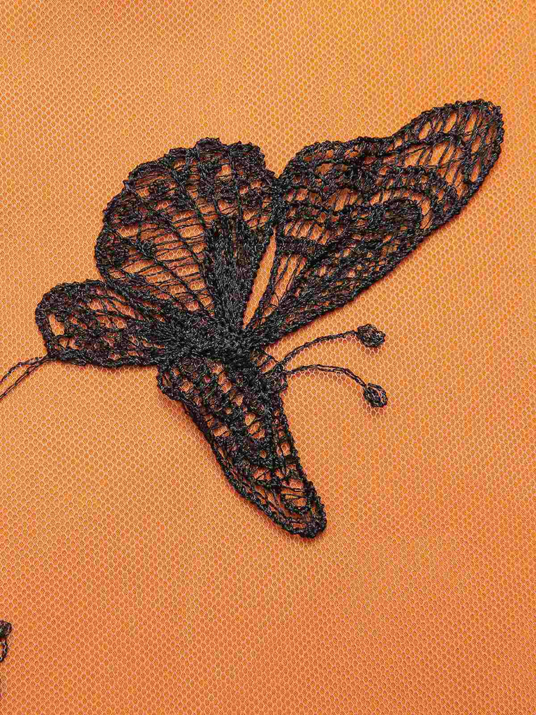 Robe cape en filet papillons noire et orange 1950s