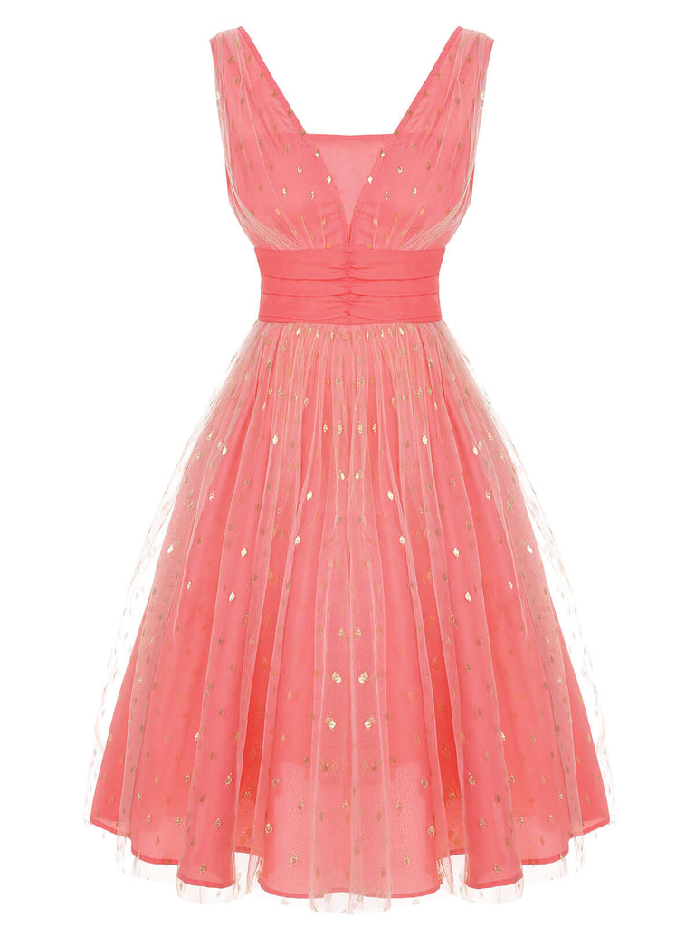 Robe pailletée à col en V rose corail des années 1950 2