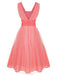 Robe pailletée à col en V rose corail des années 1950 4