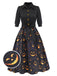 Robe noire ceinturée citrouille à revers d'Halloween des années 1940