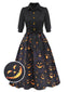 Robe noire ceinturée citrouille à revers d'Halloween des années 1940
