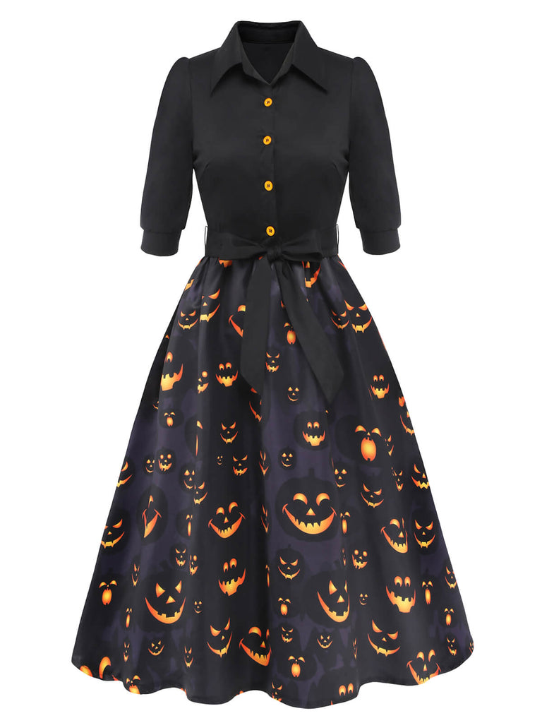 Robe noire ceinturée citrouille à revers d'Halloween des années 1940