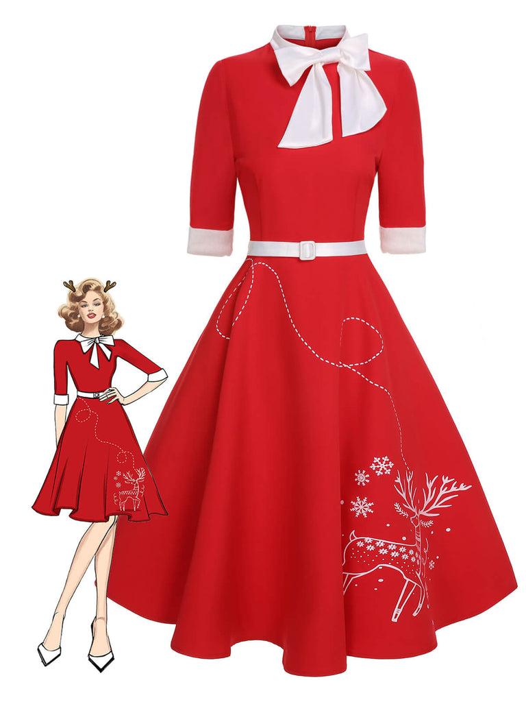 [Prévente] Robe rouge avec ceinture et nœud en forme d'élan des années 1950