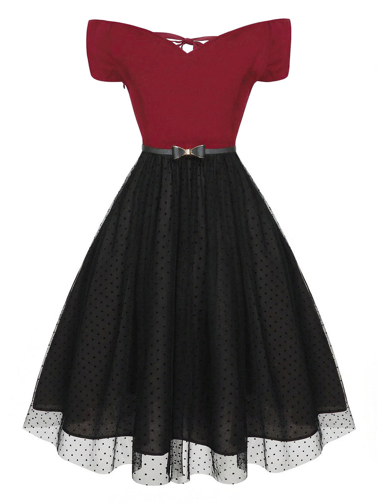 [Prévente] Robe rouge à épaules dénudées à pois des années 1950