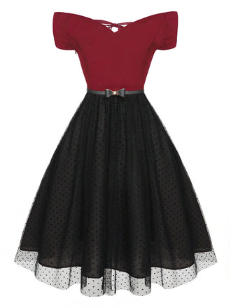 [Prévente] Robe rouge à épaules dénudées à pois des années 1950