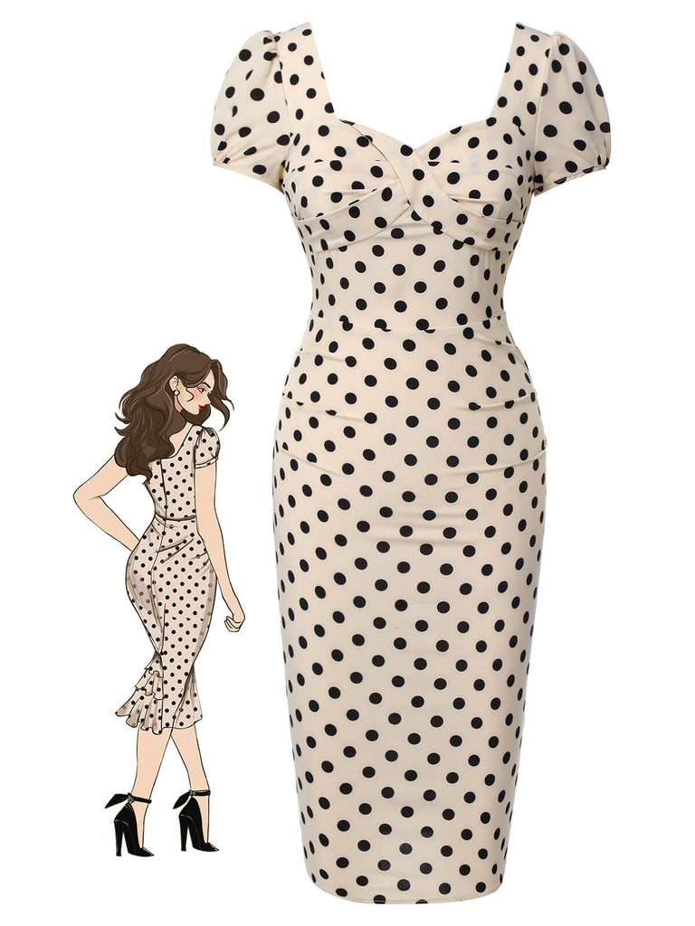 Robe bouffante beige à pois des années 1960 à col carré