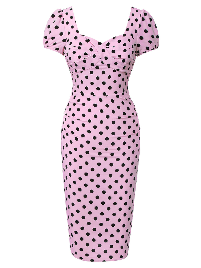 Robe bouffante beige à pois des années 1960 à col carré