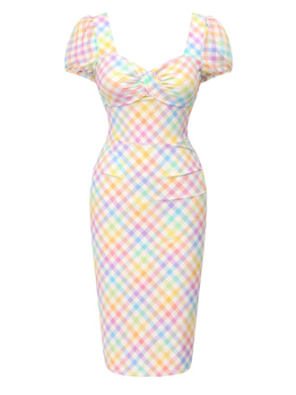 [Prévente] Robe encolure carrée manches bouffantes et motif carreaux arc-en-ciel années 1960