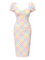 [Prévente] Robe encolure carrée manches bouffantes et motif carreaux arc-en-ciel années 1960