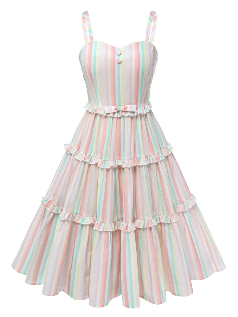 [Pré-vente] Robe rayée multicolore à bretelles spaghetti des années 1950