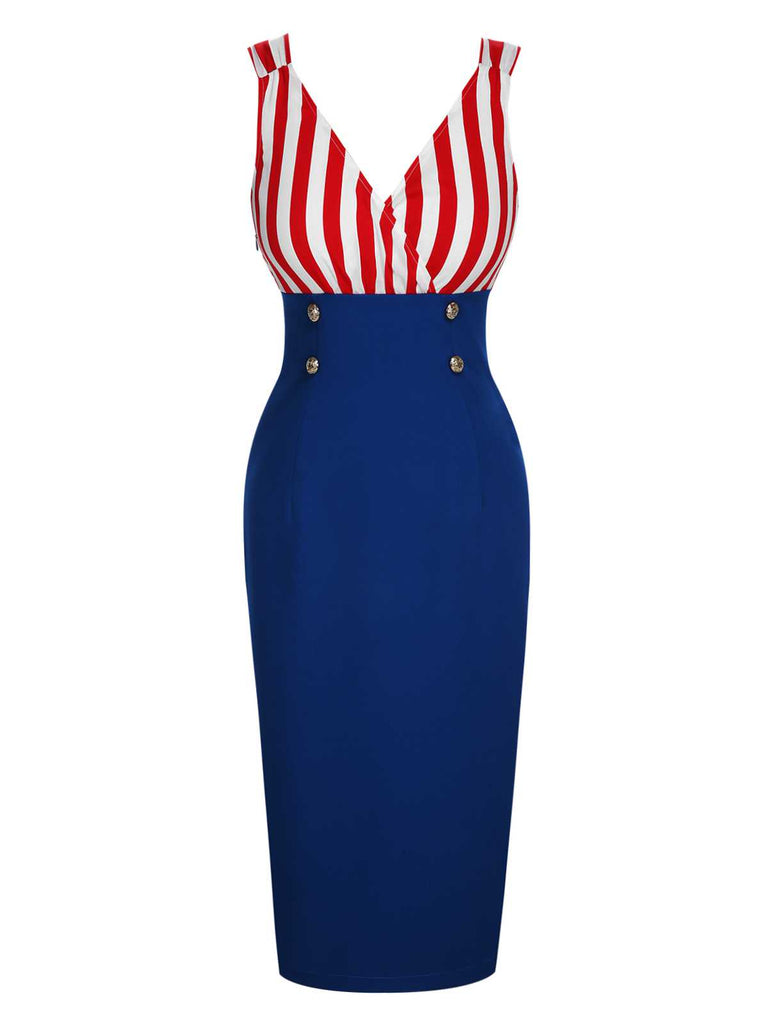 [Pré-vente] Robe à col en V à rayures contrastées rouge et bleu des années 1960