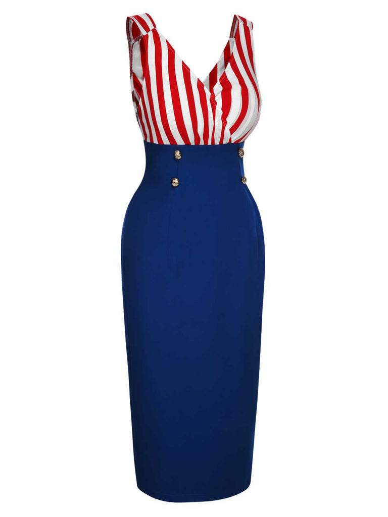 [Pré-vente] Robe à col en V à rayures contrastées rouge et bleu des années 1960