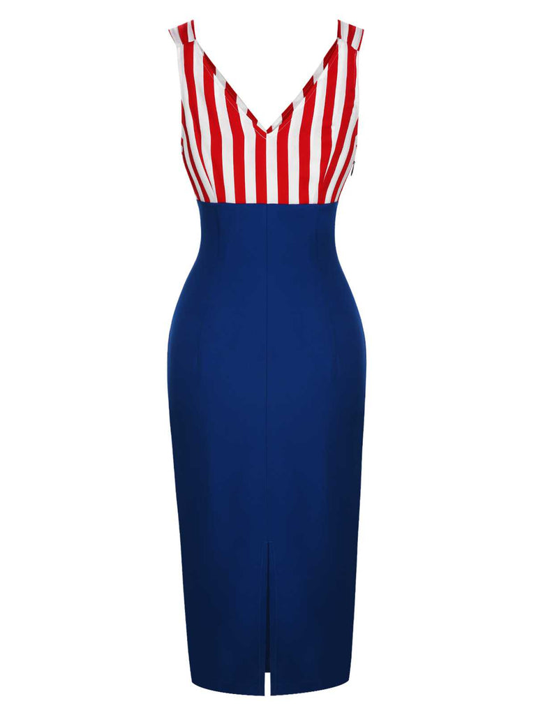 [Pré-vente] Robe à col en V à rayures contrastées rouge et bleu des années 1960