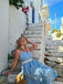 Robe trapèze dos nu à carreaux bleu clair des années 1950
