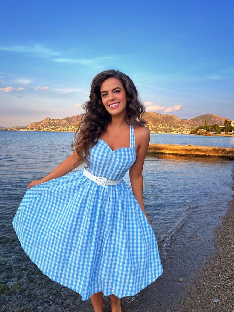 Robe trapèze dos nu à carreaux bleu clair des années 1950