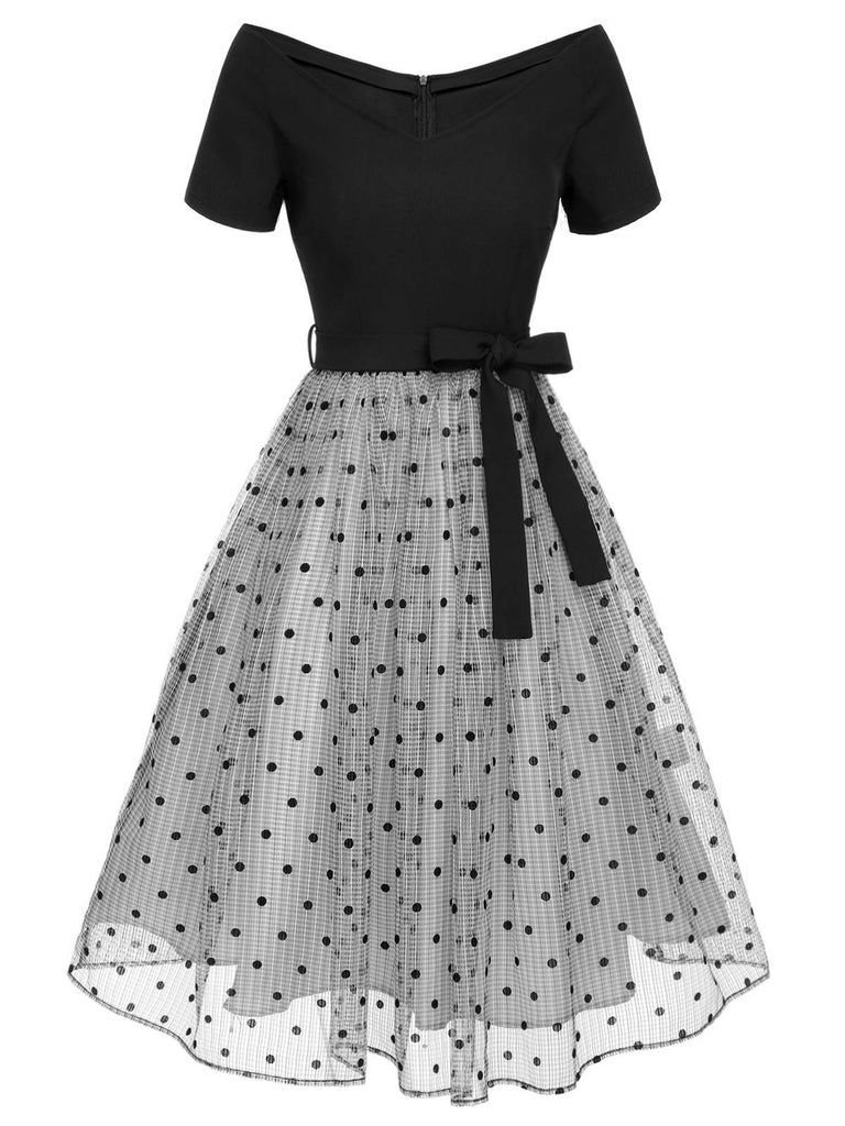 [Pré-vente] Robe noire à pois en maille épaules dénudées des années 1950